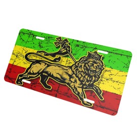KOSUES Jamaican Flag Rasta Reggae Judah Lion Aluminum License Plate Metal Car Front License Plate Cover Car Decor Accessory Novelty Vanity Decoration Tag with 4 Holes Gift for Men Women 6 x 12 Inch
