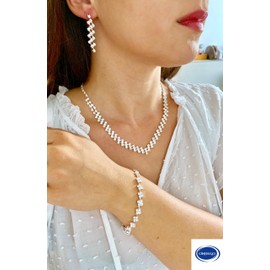 ONDEGO® 2er Set SILBER Strass Schmuck Kette Schmuckset Armband Hochzeit Collier Halskette Brautschmuck Kommunion Ball Abiball