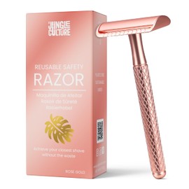 JUNGLE CULTURE® Rose Gold Safety Razor for Women • Luxurious Eco Friendly Reusable Metal Razors for all Skin Types • Double Edge Blades Not Included • Body & Face Single Blade Shaver & Shaving Guide