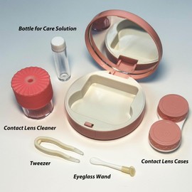 YKuzLx Contact Lens Case with Cleaner Washer,Contact Case with Mirror Tweezers Remover Tool Solution Bottle for Travel (Pink)