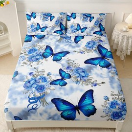 AILONEN - Juego de sábanas bajeras de mariposa azul para niñas, tamaño individual, teñido anudado, diseño floral, microfibra suave, sábana bajera transpirable de 3 piezas para niños y mujeres, con 2