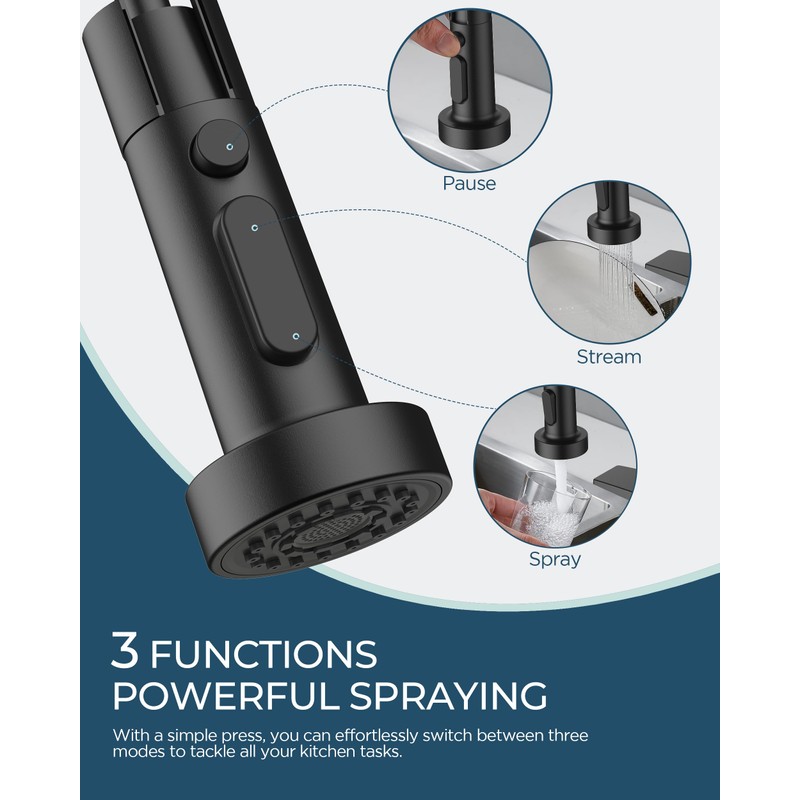 FORIOUS Black Kitchen Faucet with Pull Down Sprayer, Stainless Steel