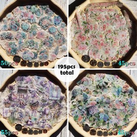 CATaireen Clear Stickers for Scrapbooking Journaling Vintage Junk Journal Supplies Transparent Sulfuric Acid Paper Self Adhesive Crafts Decals Kit Floral Plants Decoration (195pcs Fresh Field)