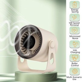 Desk Fan, 100 Speeds Strong Wind Personal Fan Portable Rechargeable with LED Display, Quiet Wall-Mountable Bedroom Fan for Sleeping Home Outdoor Camping (Beige)