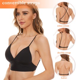 Low Back Bras Wirefree Deep V Plunge Multiway Convertible Spaghetti Strap Backless Bras for Women Black