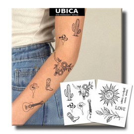 UBICA Semi Permanent Tattoos, 2 Sheets Spanish Bull Tattoo(Guitar, Cactus, Sun and Moon, Flower), Lasts 7-15 Days, Develops Fully in 48H, Realistic, Waterproof and Non-Reflective