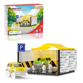 PicassoTiles Magnetic Tiles Race Car Track Kit Parking Garage Expansion Pack with 2 Cars Magnet Tile Building Blocks Educational Toy Learning Kit Pretend Play Construction Set Kids Child Ages 3+ PTR07