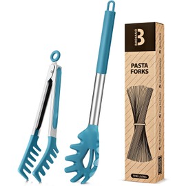 Silicone Spaghetti Spoon & Pasta Tong, Non-Stick Stainless Steel Handle Pasta Fork Set with Teeth, Food Clip for Easy Serving of Noodles (Blue)