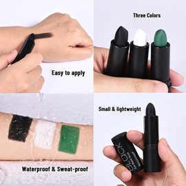 3 Colours Body Painting Colours, Green, White and Black Creamy Blendable Stick, Long-Lasting Oil Face Paint for Face & Body, Washable Face Paint for Carnival Party, Safe Ingredients