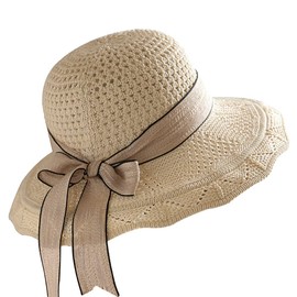 JIHUOO Summer Foldable Sun Hats Summer Hat Beach Hat with Bow 1920s Vintage Bowler Hat for Women, beige