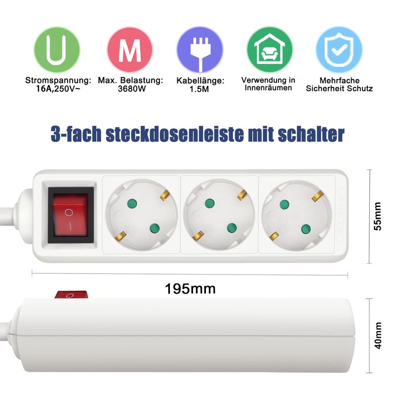 Extrastar 1.5/3/5 Metre Socket Strip, 3/4/5/6/7 Socket