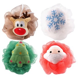POPETPOP Christmas Bath Loofah Santa Claus Xmas Tree Reindeer Mesh Pouf Ball Shower Sponge Body Scrubber Exfoliator Skin Exfoliating Ball for Bathroom Kids Tools
