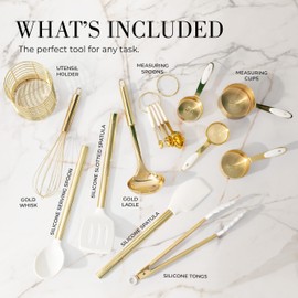 Styled Settings White and Gold Kitchen Utensils Set - 15-Piece BPA free, Non-Scratch, White and Gold Utensils Set Includes White Silicone Cooking Utensils and White and Gold Measuring Cups and Spoons