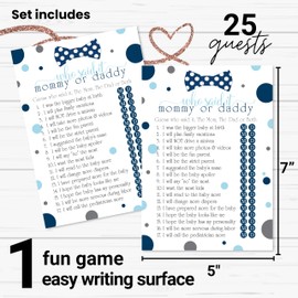 Paper Clever Party Blue Baby Shower Games for Boys - 25 Guess Who Mommy or Daddy Game Cards - Fun Prize Guessing Activities for Guests - Navy and Grey Little Man Bowtie Theme