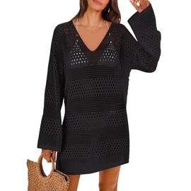 MURMUREY Womens Crochet Cover Up V Neck Summer Beach Vacation Mini Dress Hollow Out Long Sleeve Swimsuit Coverup Black