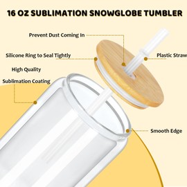 Maucircol 16 Oz Snow Globe Tumbler, 8 Pack Pre-Drilled Sublimation Glass Cup For Glitter Snow Globe Diy, Double Wall Sublimation Glass Tumbler