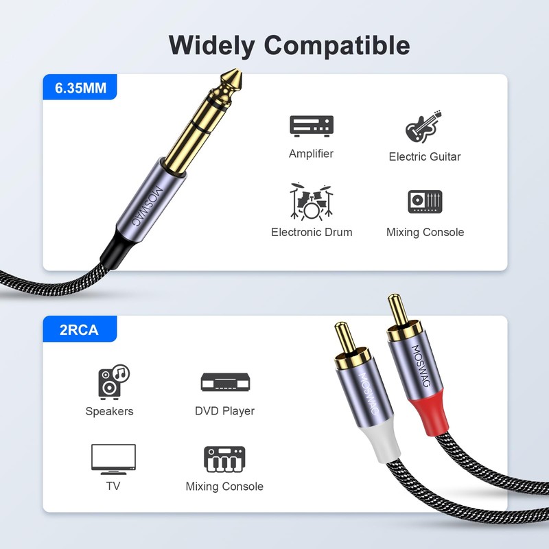 MOSWAG 1/4" to RCA Audio Cable, Quarter inch TRS to