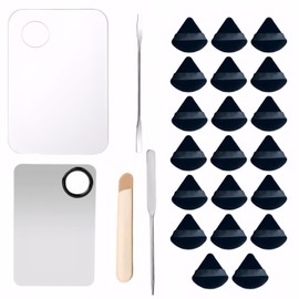 2 PCS Makeup Spatula Set, Acrylic Makeup Mixing Palette, Stainless Steel Foundation Spatula, Reusable for Mixing Eyeshadow/Lipstick/Nail Art/Foundation (with Foundation Spatula, Powder Puff)