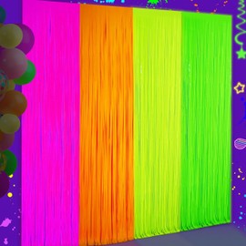 Glow in The Dark Tinsel Curtains 4 Pack - Neon Party Decorations 3.3x6.6ft UV Reactive Fluorescent Macaron Backdrop for Neon, Pride, Birthday Decor, Double Colors & Quantity, Pre-Taped, Waterproof