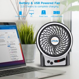 efluky 3 Speeds Mini Desk Fan, Rechargeable Battery Operated Fan with LED Light, Portable USB Fan Quiet for Home, Office, Travel, Camping, Outdoor, Indoor Fan, 4.9-Inch, Black | efluky