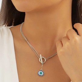 Inateannal Boho Evil Eye Necklace Open Circle Toggle Necklace Evil Eye Pendant Necklace Blue Eye Y Lariat Necklace Jewelry for Women and Girls（Silver）