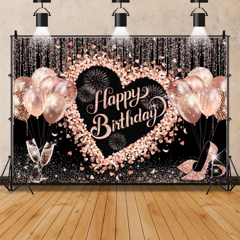 ChloropLastid 10x8ft Rose Gold Happy Birthday Backdrop Glitter Bokeh Dots