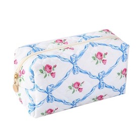 Makeup Bag Quilted,Cotton Cosmetic Pouch,Large Floral Make Up Bag for Women,Cute Flower Travel Toiletry Bag Organizer Portable for Purse,Bowknot Blue