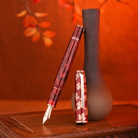 HONG DIAN Hongdian N8 Red Acrylic Resin Fountain Pen, Iridium Extra Fine Nib Rose Gold Trim Maple Leaf Carving Cap, Smooth Writing Pen with Converter and Metal Box Set