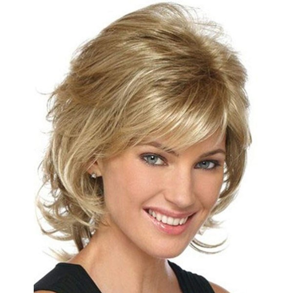 RENERSHOW Short Mixed Blonde Curly Wig with Bangs Natural Wavy Synthetic Wigs for Women