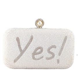 Boutique De FGG Vintage Women Beaded Evening Bags and Clutches Bridal Pearl Clutch Purse Wedding Party Bride Handbag,Mini, White Yes I Do, Mini