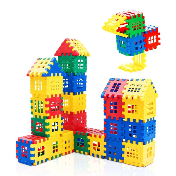 hirebird Building Blocks, Educational Building Toy Building Set, develops Tactile Skills, Creativity, Color Sense, Waffle Blocks, Toy Set for Early Educational Boys and Girls (80PCS)-05