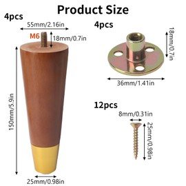 COEWUR 4 Pcs Wooden Furniture Legs, 6inch/15cm Solid Wood Replacement Sofa Legs Straight Cone Furniture Feet, Chair Leg with Gold Caps Pads Screws Mounting Plate for Couch Table Dresser Bed Cabinet