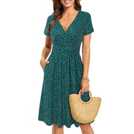 OUGES Women's Summer Dresses for Women 2025 Spring Sundresses Short Sleeve V-Neck Floral Short Party Dress with Pockets(Green Polka Dot,L)