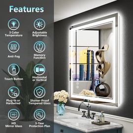 AWANDEE 24x32 Inch LED Bathroom Mirror with Lights, Backlit & Front Lit, Anti-Fog Lighted Vanity Mirrors for Bathroom Wall, Dimmable, 3-Color Light, Memory, HD Tempered Glass, Horizontal/Vertical
