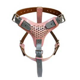 M&D Two Tone Extra Large Heavy Duty Grey and Baby Pink Leather Dog Harness Studded Design Perfectly fits American Bulldog, Fully Grown Staffordshire, Rottweiler, Bullmastiff and more Big Dog Breeds
