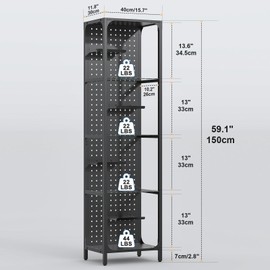 Saudism Glass Display Shelf for Collectibles, LED Black Shelf, Curio Cabinet, Lighted Tall Narrow Shelf with Pegboard Steel Frame for Gaming Room, Floor Lamp with Shelves, Living Room, Bedroom, Small