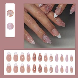 24 Pcs Spring Press on Nails Short Almond,LINMEIZAI White French Fake Nails Press ons Nail Tips Kit Glue on Nails Full Cover Acrylic False Nails with 3D Flower Butterfly Nail Art Design for Women