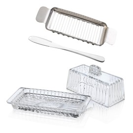 Clear Crystal Glass Butter Dish with Lid - Multifunctional Serving Dish for Butter, Cream Cheese & Small Fruits | Ideal Refrigerator & Countertop Storage Tray, Includes Free Butter Knife and Cutter