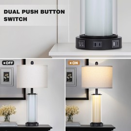 26" Black Glass Table Lamps Set of 2, Modern Bedroom Lamps with Built-in Frosted Glass Night Light , Tall Living Room Lamp with USB C+A Ports & Outlet, Bedside Lamp for Nightstand Side End Decoration