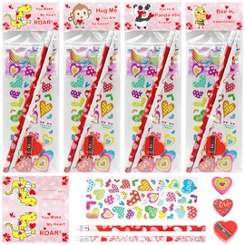 AouEtnay 28 Pack Valentines Day Gifts for Kids Classroom Valentines Day Stationery Kids Gifts Set with Pencils, Erasers, Cards, Stickers for Kids Valentines Day Classroom Gifts and Party Favors