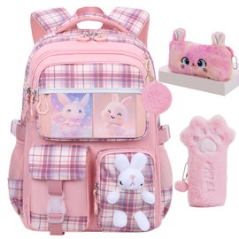 KBGPW Cute Girls Backpack,Rabbit Kids School Backpack with Pencil Case, Elementary School Bag for Girls 5-10 Year Old (Pink-16.5inch)