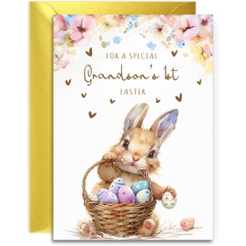 Grandson First Easter Card - Bunny with Easter Eggs Design - A5 Size with Gold Envelope