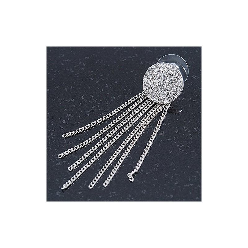 Silver Tone Clear Crystal Pave Set Button with Multi Chain