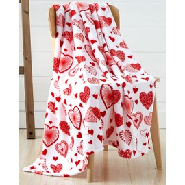 Love Valentine Throw Blanket: Boho Hearts with Modern Contemporary and Traditional Designed Red and White Hearts, Microfiber Fleece Velour, Accent for Couch Sofa Chair Bed or Dorm (Boho Hearts)