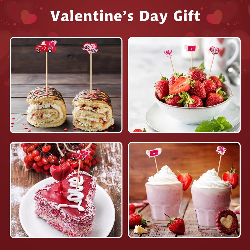 100 Counts Heart Toothpicks Valentine's Day Cocktail Picks, Bamboo Toothpicks
