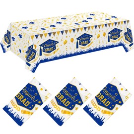 Kinlop 3 Pcs Graduation Tablecloths Class of 2025 Graduation Party Decoration Supplies 51" x 108" Plastic Congrats Grad Table Covers Disposable Graduate Tablecloths(Blue, Gold)