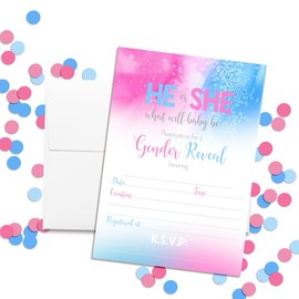 Pink & Blue Watercolor Gender Reveal Baby Shower Invitations, 20 5"x7" Fill in Cards with Twenty White Envelopes by AmandaCreation