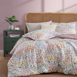 CASAAGUSTO King Comforter Set, 7 PCS Pinkish Floral Comforter Set with Flowers Leaves Pattern, Soft Seersucker Design All Season King Size Bedding Set(102"X90")