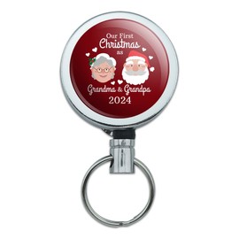 First Christmas as Grandma Grandpa 2024 Santa Mrs. Claus Heavy Duty Metal Retractable Reel ID Badge Key Card Tag Holder with Belt Clip