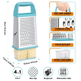 Urbanstrive Cheese Grater With Container, Professional Cheese Grater with Handle, Stainless Steel Graters for Kitchen Handheld, Box Grater with 4 Sides for Vegetables, Ginger, Potatoes (Blue)
